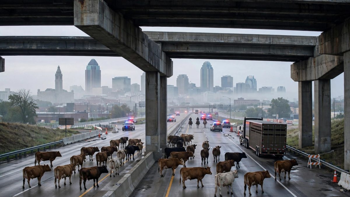 Cattle Truck Falls From Kansas City Overpass, Killing Dozens and Scattering Herd Downtown