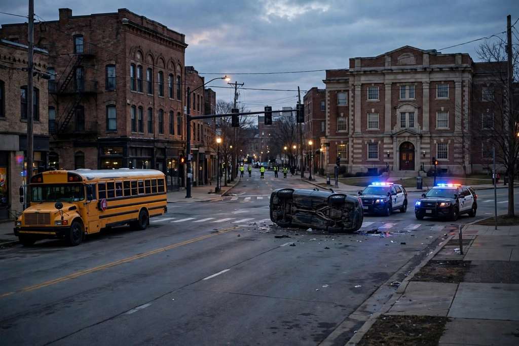 Louisville, Kentucky: Fleeing Driver Crashes Into JCPS School Bus on Broadway, Seven Taken to Hospitals