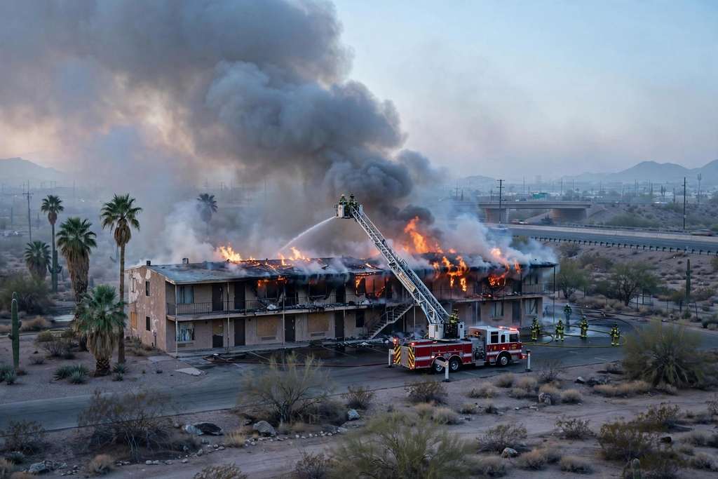 Phoenix, Arizona: Second-Alarm Fire Guts Vacant Travelodge Near I-17 and Greenway Road